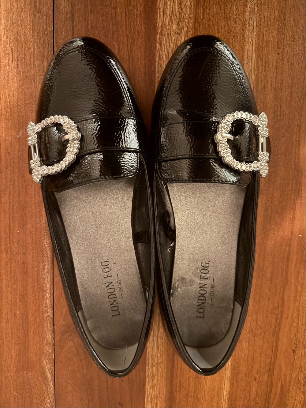 London Fog 6.5 Black Patent Loafers with Rhinestone Buckle